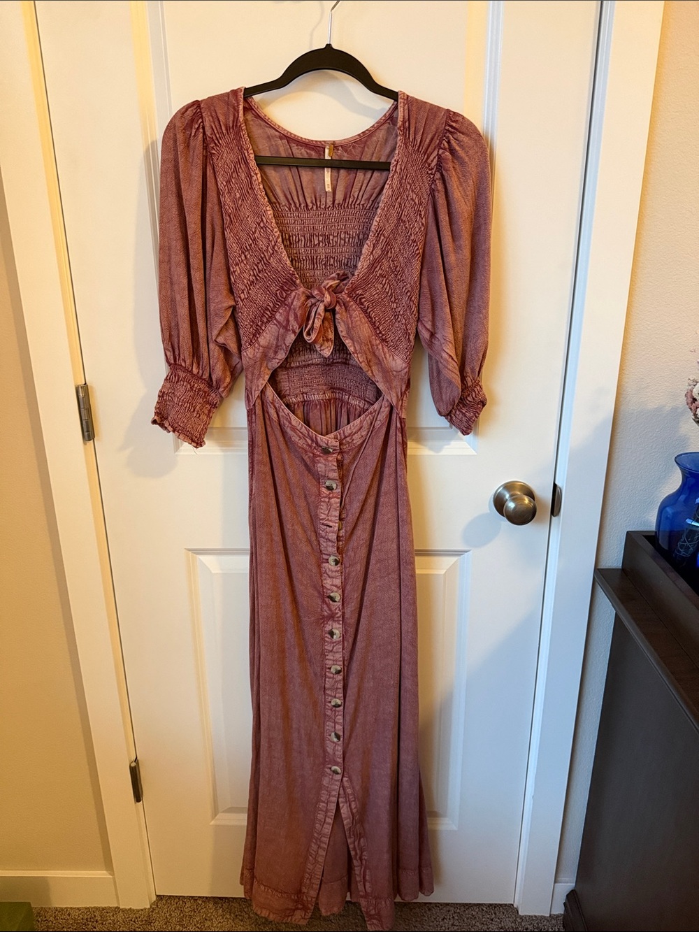 Free People Dusty Rose Button-Front Maxi Dress with Tie Bodice